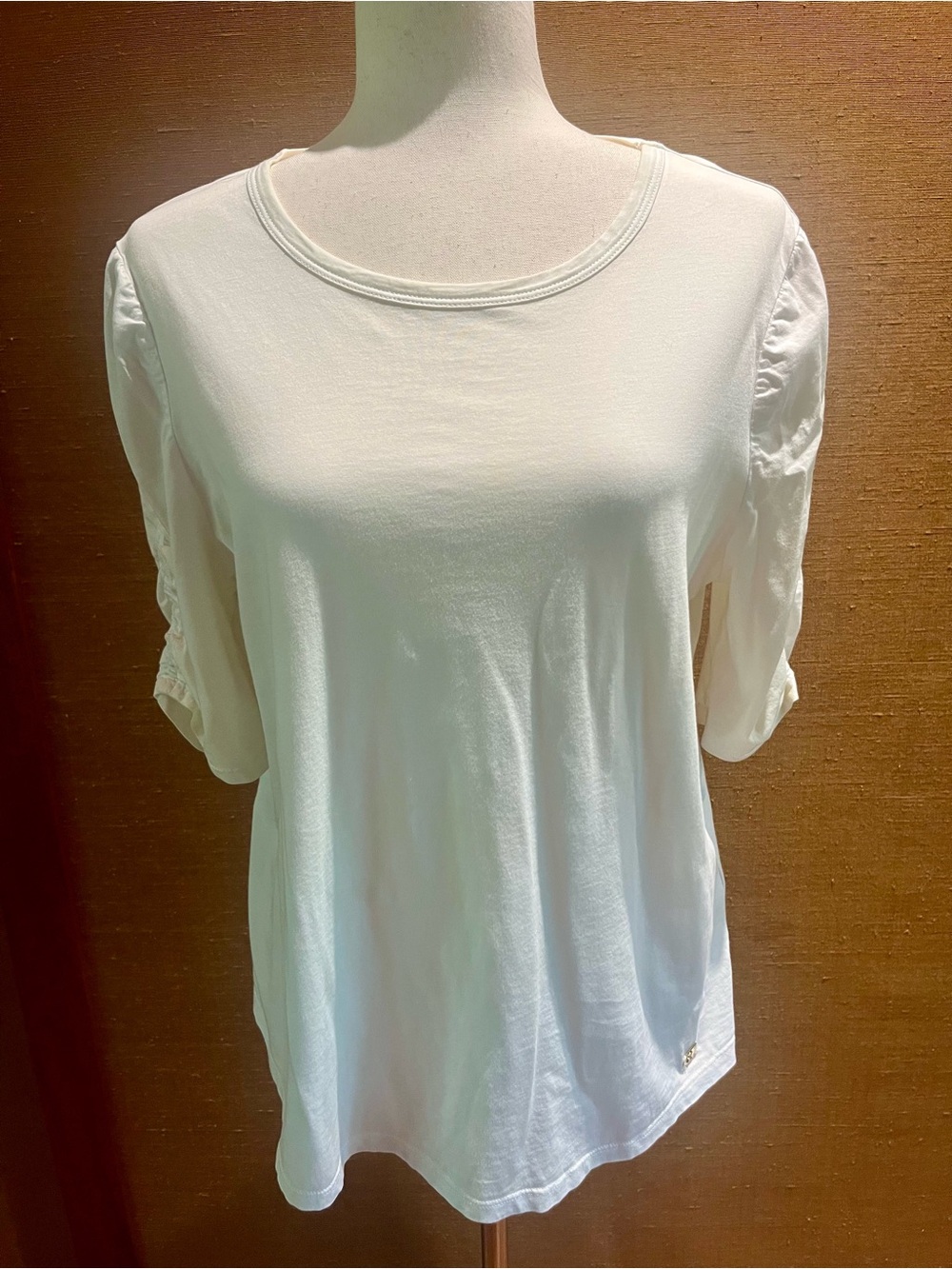 Calvin Klein White Short Ruched Sleeve Scoop Neck Top